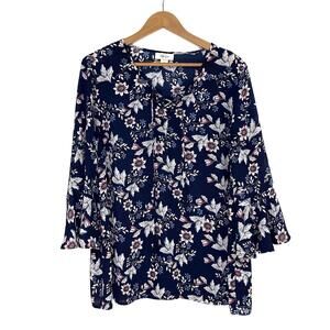 Style & Co Women’s Size Large Blue Floral Print Lace Up 3/4 Sleeve Casual Blouse